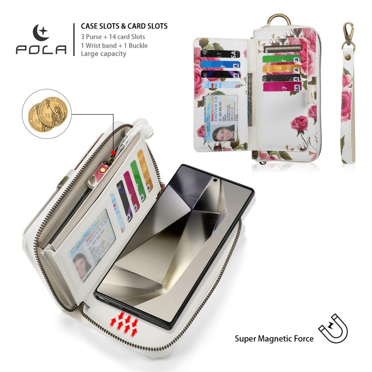 For Samsung Galaxy S24+ 5G POLA Flower Multi-functional Zipper Wallet Leather Phone Case(Beige) - Galaxy S24+ 5G Cases by buy2fix | Online Shopping UK | buy2fix