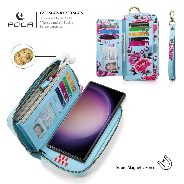 For Samsung Galaxy S23+ 5G POLA Flower Multi-functional Zipper Wallet Leather Phone Case(Sky Blue) - Galaxy S23+ 5G Cases by buy2fix | Online Shopping UK | buy2fix