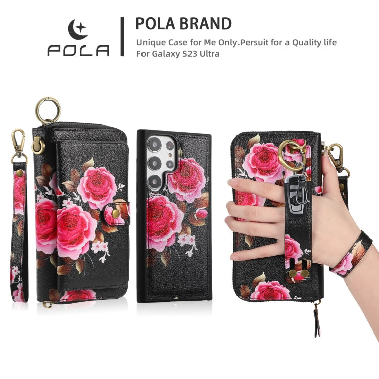 For Samsung Galaxy S23 Ultra 5G POLA Flower Multi-functional Zipper Wallet Leather Phone Case(Black) - Galaxy S23 Ultra 5G Cases by buy2fix | Online Shopping UK | buy2fix