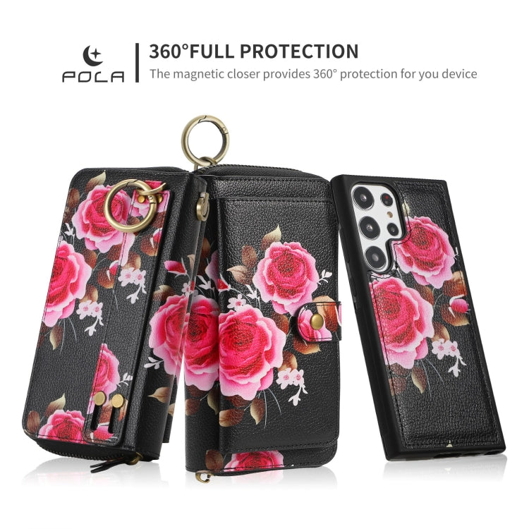 For Samsung Galaxy S23 Ultra 5G POLA Flower Multi-functional Zipper Wallet Leather Phone Case(Black) - Galaxy S23 Ultra 5G Cases by buy2fix | Online Shopping UK | buy2fix