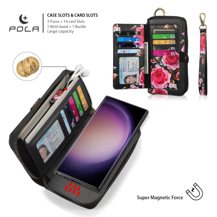For Samsung Galaxy S23 Ultra 5G POLA Flower Multi-functional Zipper Wallet Leather Phone Case(Black) - Galaxy S23 Ultra 5G Cases by buy2fix | Online Shopping UK | buy2fix