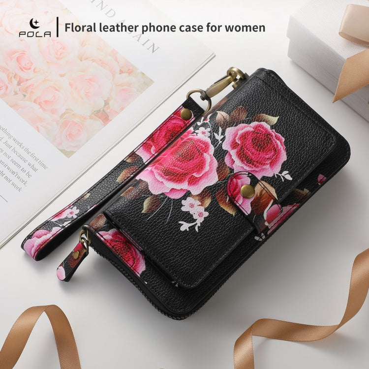 For Samsung Galaxy S22 5G POLA Flower Multi-functional Zipper Wallet Leather Phone Case(Black) - Galaxy S22 5G Cases by buy2fix | Online Shopping UK | buy2fix