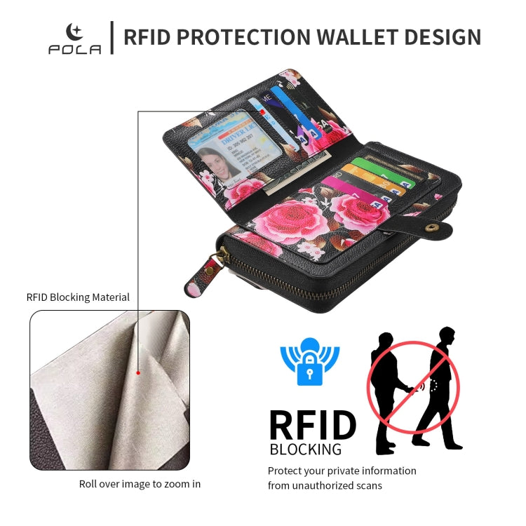 For Samsung Galaxy S22 5G POLA Flower Multi-functional Zipper Wallet Leather Phone Case(Black) - Galaxy S22 5G Cases by buy2fix | Online Shopping UK | buy2fix