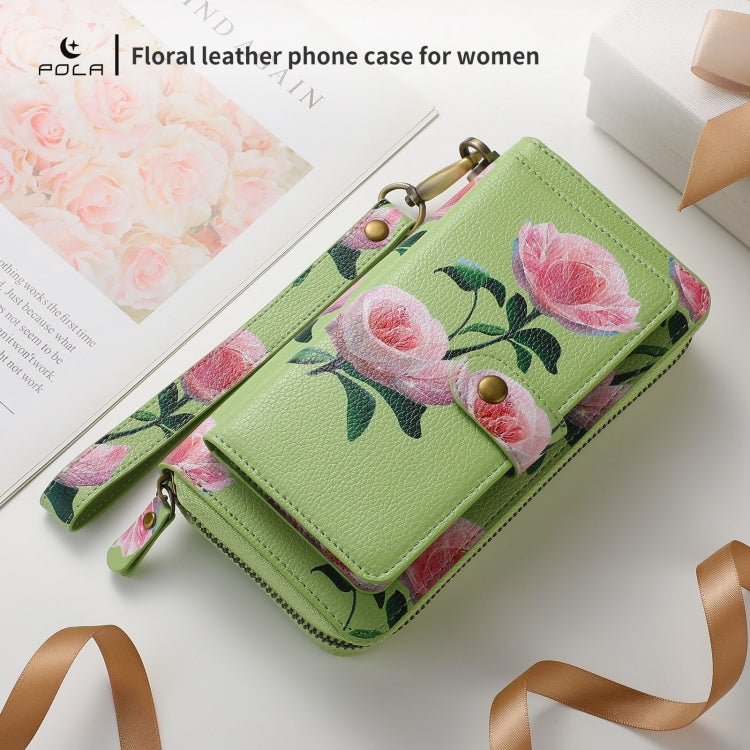 For Samsung Galaxy S22 5G POLA Flower Multi-functional Zipper Wallet Leather Phone Case(Green) - Galaxy S22 5G Cases by buy2fix | Online Shopping UK | buy2fix