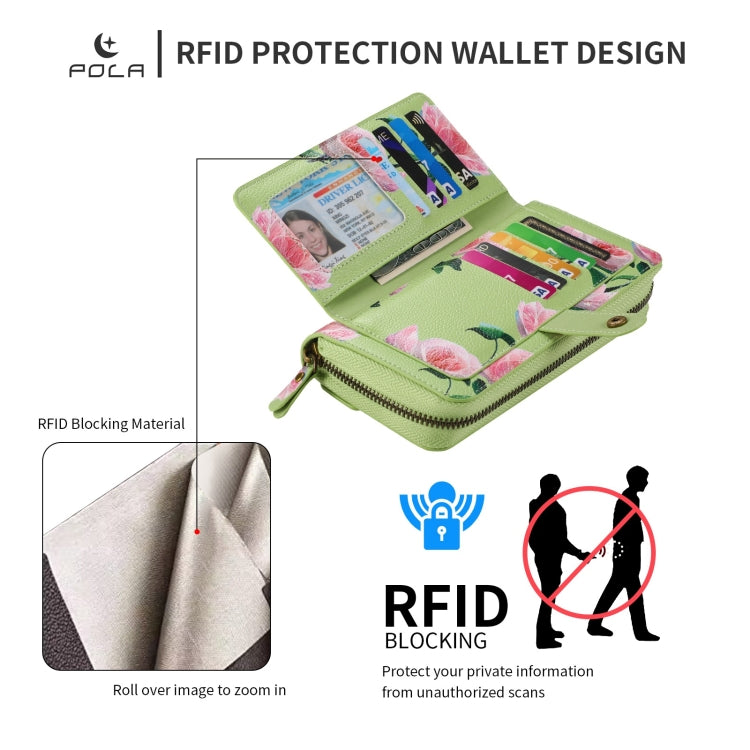 For Samsung Galaxy S22 5G POLA Flower Multi-functional Zipper Wallet Leather Phone Case(Green) - Galaxy S22 5G Cases by buy2fix | Online Shopping UK | buy2fix
