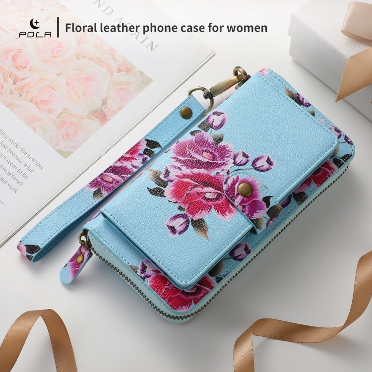 For Samsung Galaxy S22 5G POLA Flower Multi-functional Zipper Wallet Leather Phone Case(Sky Blue) - Galaxy S22 5G Cases by buy2fix | Online Shopping UK | buy2fix