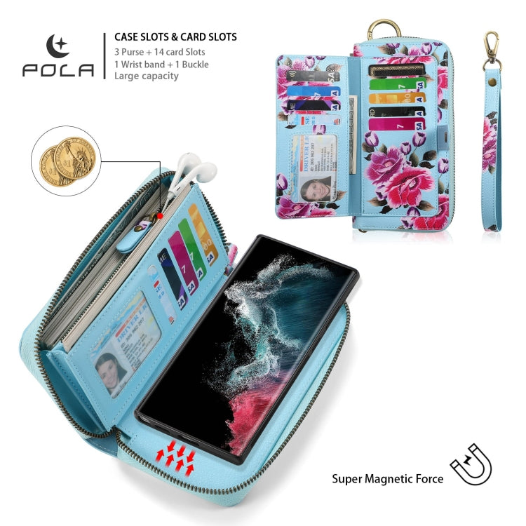 For Samsung Galaxy S22 5G POLA Flower Multi-functional Zipper Wallet Leather Phone Case(Sky Blue) - Galaxy S22 5G Cases by buy2fix | Online Shopping UK | buy2fix