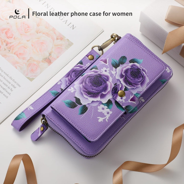 For Samsung Galaxy S22 5G POLA Flower Multi-functional Zipper Wallet Leather Phone Case(Purple) - Galaxy S22 5G Cases by buy2fix | Online Shopping UK | buy2fix