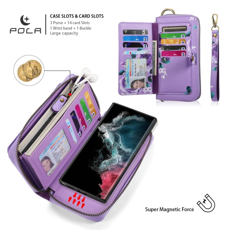 For Samsung Galaxy S22 5G POLA Flower Multi-functional Zipper Wallet Leather Phone Case(Purple) - Galaxy S22 5G Cases by buy2fix | Online Shopping UK | buy2fix