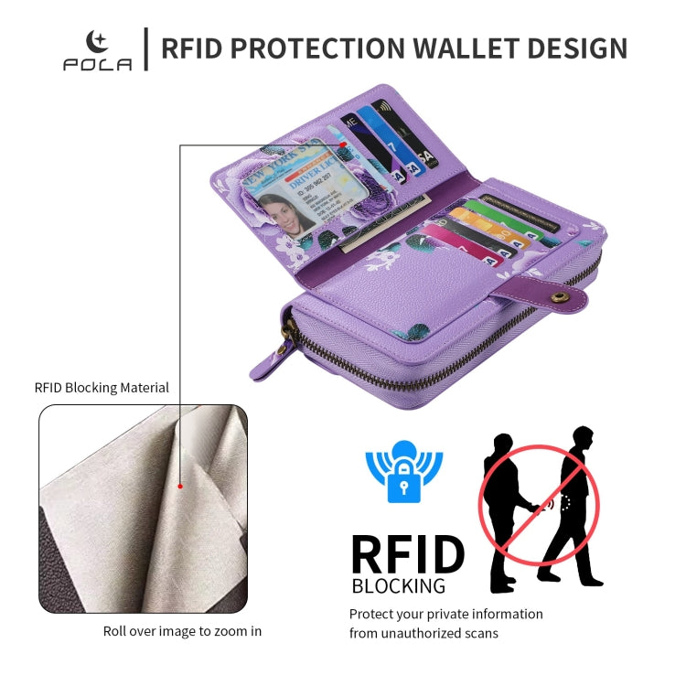 For Samsung Galaxy S22 5G POLA Flower Multi-functional Zipper Wallet Leather Phone Case(Purple) - Galaxy S22 5G Cases by buy2fix | Online Shopping UK | buy2fix
