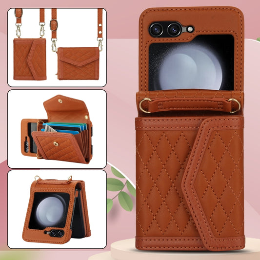 For Samsung Galaxy Z Flip5 Splicing Rhombic Texture Phone Case with Long & Short Lanyard, Not Included Pen(Brown) - Galaxy Z Flip5 Cases by buy2fix | Online Shopping UK | buy2fix