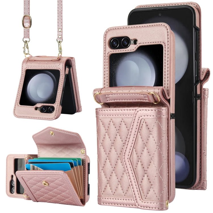 For Samsung Galaxy Z Flip6 Splicing Rhombic Texture Phone Case with Long & Short Lanyard, Not Included Pen(Rose Gold) - Galaxy Z Flip6 5G Cases by buy2fix | Online Shopping UK | buy2fix