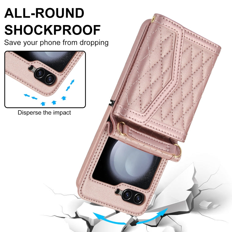 For Samsung Galaxy Z Flip6 Splicing Rhombic Texture Phone Case with Long & Short Lanyard, Not Included Pen(Rose Gold) - Galaxy Z Flip6 5G Cases by buy2fix | Online Shopping UK | buy2fix