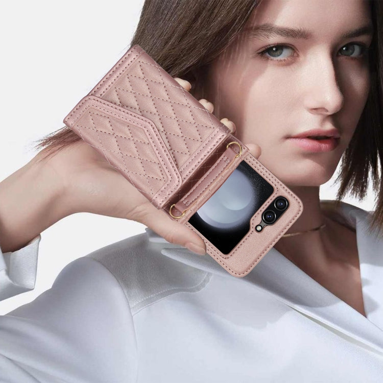For Samsung Galaxy Z Flip6 Splicing Rhombic Texture Phone Case with Long & Short Lanyard, Not Included Pen(Rose Gold) - Galaxy Z Flip6 5G Cases by buy2fix | Online Shopping UK | buy2fix