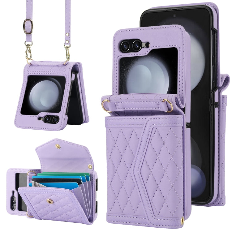 For Samsung Galaxy Z Flip6 Splicing Rhombic Texture Phone Case with Long & Short Lanyard, Not Included Pen(Purple) - Galaxy Z Flip6 5G Cases by buy2fix | Online Shopping UK | buy2fix