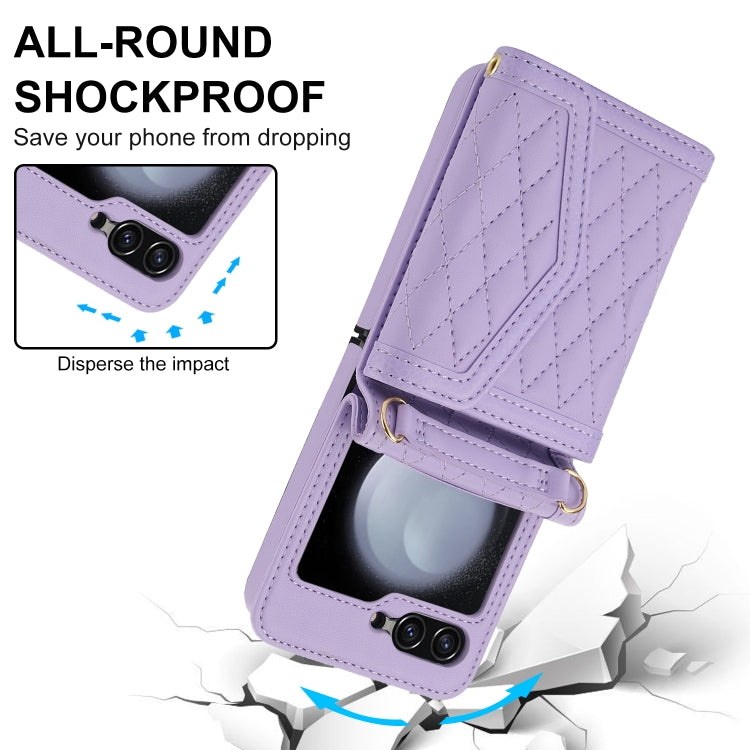 For Samsung Galaxy Z Flip6 Splicing Rhombic Texture Phone Case with Long & Short Lanyard, Not Included Pen(Purple) - Galaxy Z Flip6 5G Cases by buy2fix | Online Shopping UK | buy2fix