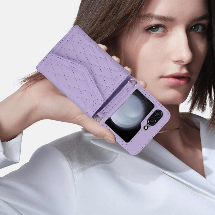 For Samsung Galaxy Z Flip6 Splicing Rhombic Texture Phone Case with Long & Short Lanyard, Not Included Pen(Purple) - Galaxy Z Flip6 5G Cases by buy2fix | Online Shopping UK | buy2fix