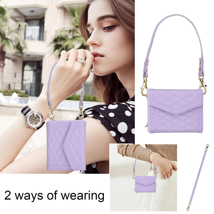 For Samsung Galaxy Z Flip6 Splicing Rhombic Texture Phone Case with Long & Short Lanyard, Not Included Pen(Purple) - Galaxy Z Flip6 5G Cases by buy2fix | Online Shopping UK | buy2fix