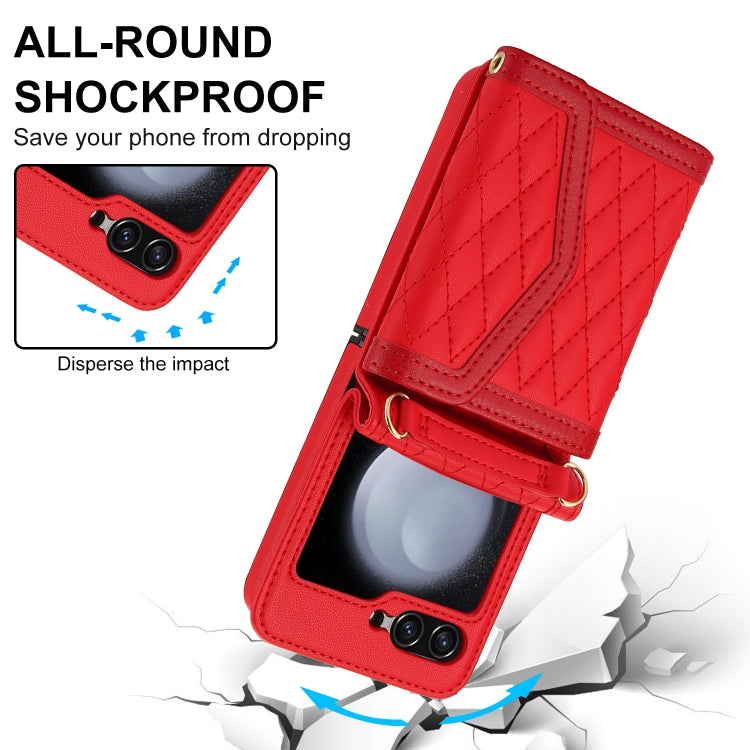 For Samsung Galaxy Z Flip6 Splicing Rhombic Texture Phone Case with Long & Short Lanyard, Not Included Pen(Red) - Galaxy Z Flip6 5G Cases by buy2fix | Online Shopping UK | buy2fix