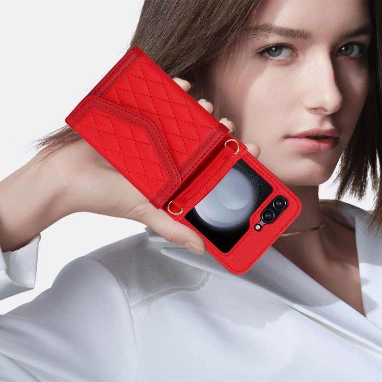 For Samsung Galaxy Z Flip6 Splicing Rhombic Texture Phone Case with Long & Short Lanyard, Not Included Pen(Red) - Galaxy Z Flip6 5G Cases by buy2fix | Online Shopping UK | buy2fix