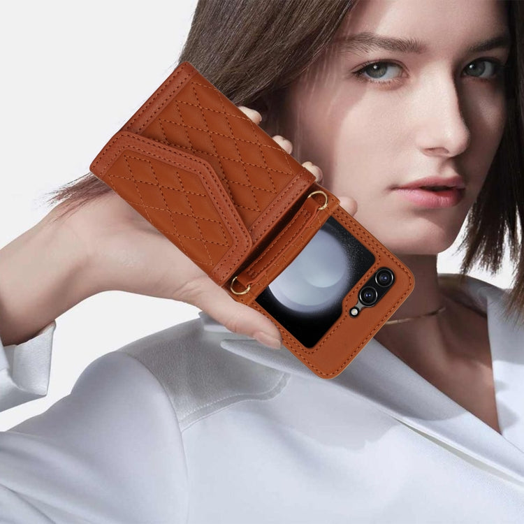 For Samsung Galaxy Z Flip6 Splicing Rhombic Texture Phone Case with Long & Short Lanyard, Not Included Pen(Brown) - Galaxy Z Flip6 5G Cases by buy2fix | Online Shopping UK | buy2fix