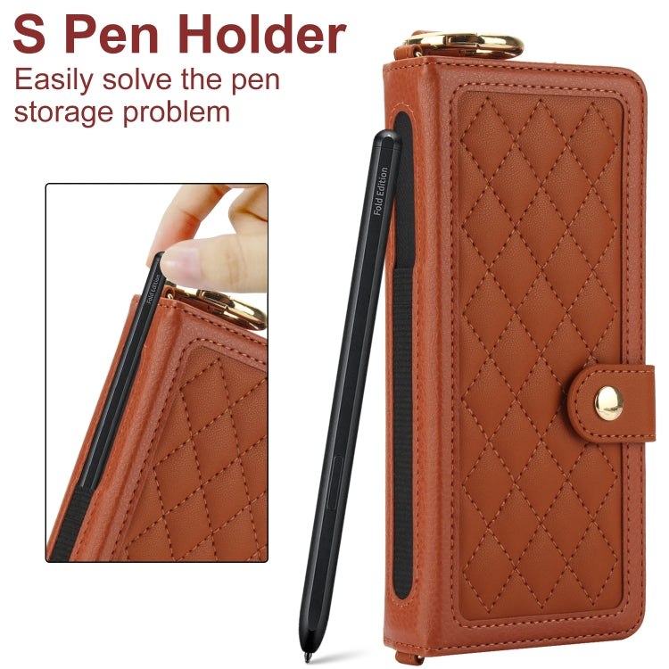 For Samsung Galaxy Z Fold4 Splicing Rhombic Texture Phone Case with Long & Short Lanyard, Not Included Pen(Brown) - Galaxy Z Fold4 5G Cases by buy2fix | Online Shopping UK | buy2fix