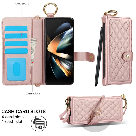 For Samsung Galaxy Z Fold3 Splicing Rhombic Texture Phone Case with Long & Short Lanyard, Not Included Pen(Rose Gold) - Galaxy Phone Cases by buy2fix | Online Shopping UK | buy2fix
