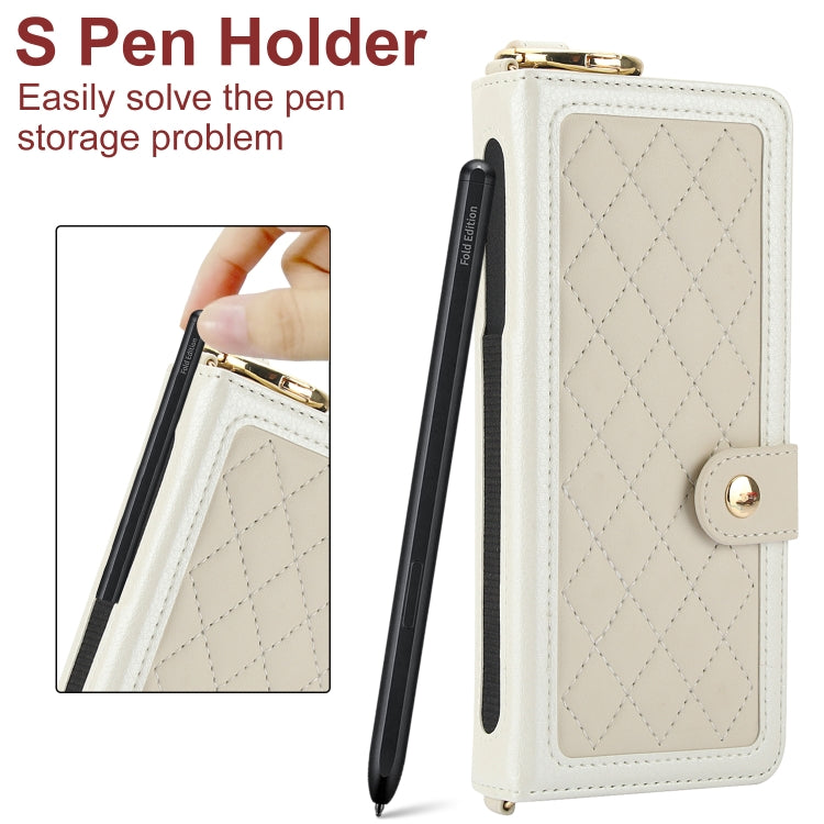 For Samsung Galaxy Z Fold5 Splicing Rhombic Texture Phone Case with Long & Short Lanyard, Not Included Pen(Beige) - Galaxy Z Fold5 Cases by buy2fix | Online Shopping UK | buy2fix