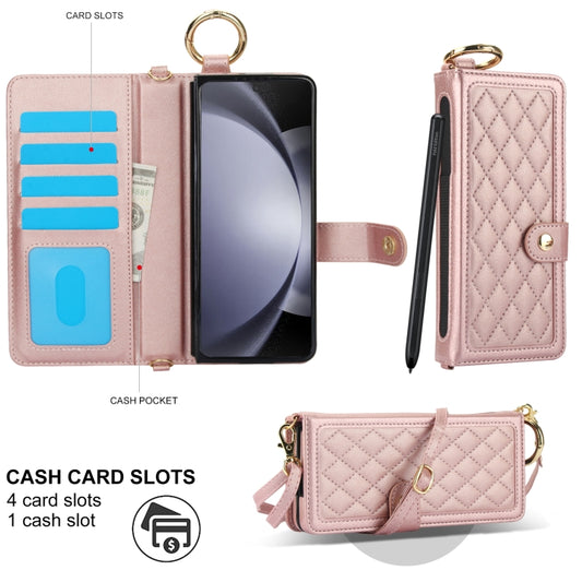 For Samsung Galaxy Z Fold5 Splicing Rhombic Texture Phone Case with Long & Short Lanyard, Not Included Pen(Rose Gold) - Galaxy Z Fold5 Cases by buy2fix | Online Shopping UK | buy2fix