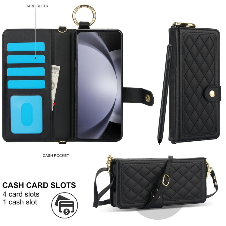 For Samsung Galaxy Z Fold6 Splicing Rhombic Texture Phone Case with Long & Short Lanyard, Not Included Pen(Black) - Galaxy Z Fold6 5G Cases by buy2fix | Online Shopping UK | buy2fix