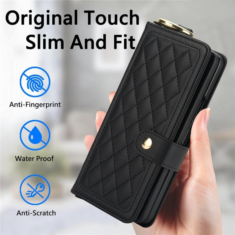 For Samsung Galaxy Z Fold6 Splicing Rhombic Texture Phone Case with Long & Short Lanyard, Not Included Pen(Black) - Galaxy Z Fold6 5G Cases by buy2fix | Online Shopping UK | buy2fix