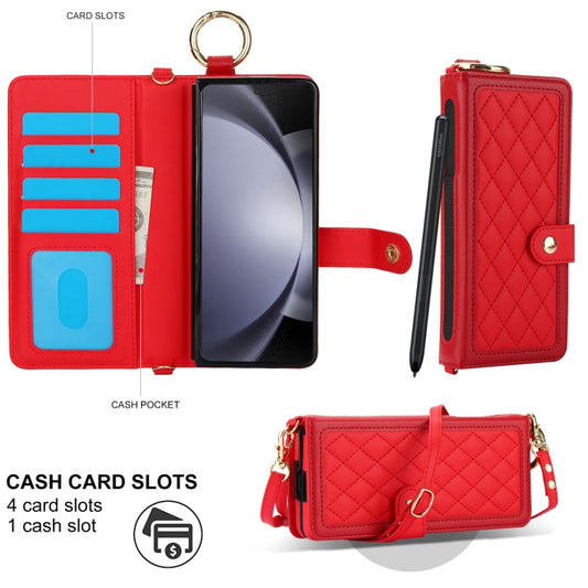 For Samsung Galaxy Z Fold6 Splicing Rhombic Texture Phone Case with Long & Short Lanyard, Not Included Pen(Red) - Galaxy Z Fold6 5G Cases by buy2fix | Online Shopping UK | buy2fix