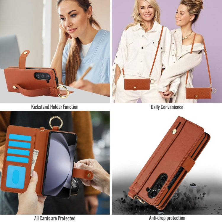 For Samsung Galaxy Z Fold6 Splicing Rhombic Texture Phone Case with Long & Short Lanyard, Not Included Pen(Brown) - Galaxy Z Fold6 5G Cases by buy2fix | Online Shopping UK | buy2fix