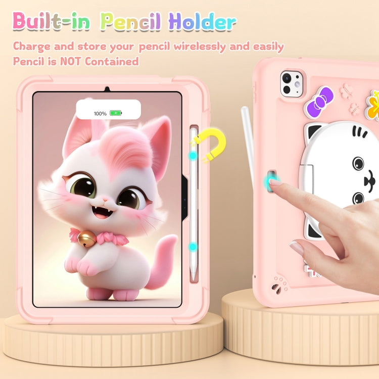 For iPad Pro 11 2025 / 2024 Cat Holder Silicone Hybrid PC Tablet Case with Strap(Rose Pink) by buy2fix
