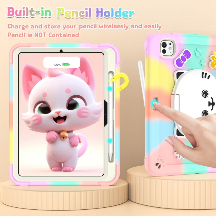 For iPad Pro 11 2025 / 2024 Cat Holder Silicone Hybrid PC Tablet Case with Strap(Colorful Rose Gold) by buy2fix