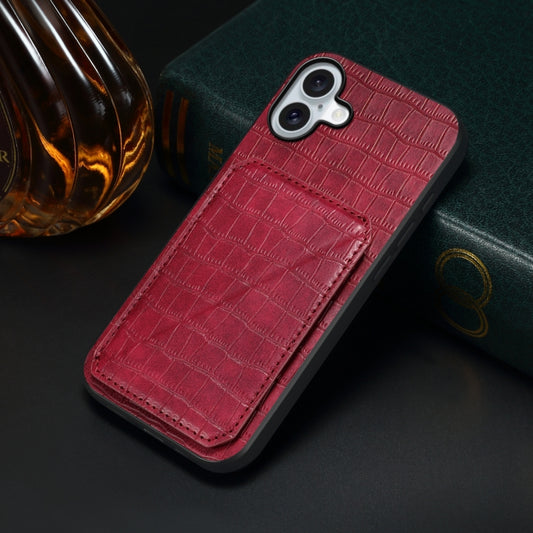 For iPhone 16 Imitation Crocodile Leather Back Phone Case with Holder(Rose Red) by buy2fix