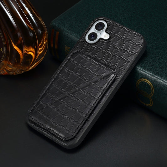 For iPhone 16 Plus Imitation Crocodile Leather Back Phone Case with Holder(Black) by buy2fix