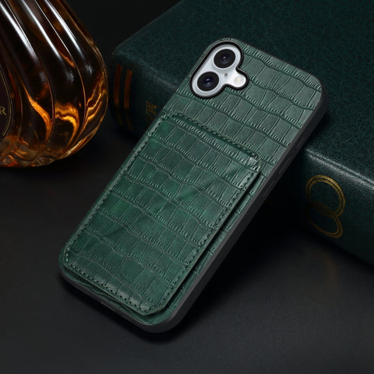 For iPhone 16 Plus Imitation Crocodile Leather Back Phone Case with Holder(Green) by buy2fix