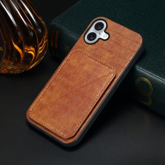 For iPhone 16 Plus Imitation Crocodile Leather Back Phone Case with Holder(Brown) by buy2fix