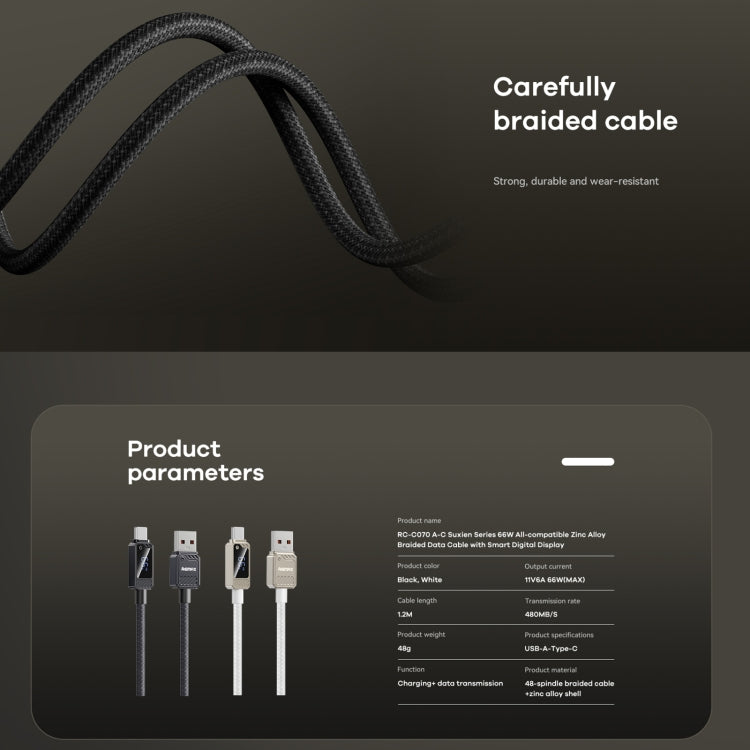 REMAX RC-C070 1.2m 66W USB to Type-C Digital Display Braided Fast Charging Cable(White) - USB-C & Type-C Cable by REMAX | Online Shopping UK | buy2fix