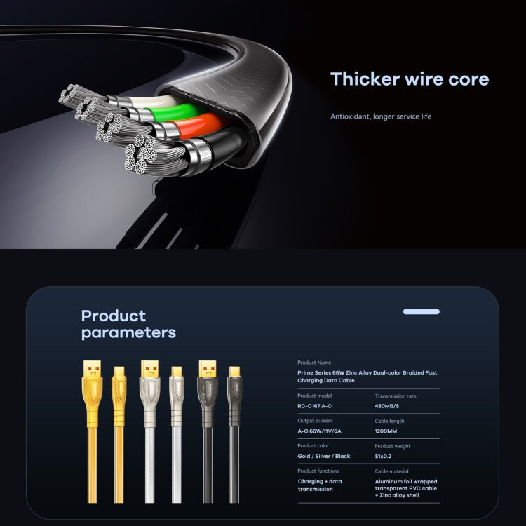 REMAX RC-C167 Prime 1.2m 66W USB to Type-C Braided Fast Charging Cable(Gold) - USB-C & Type-C Cable by REMAX | Online Shopping UK | buy2fix