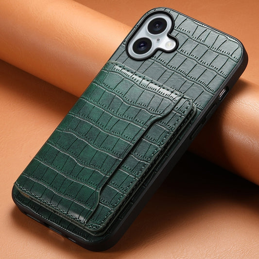For iPhone 16 Crocodile Texture Card Bag Design Full Coverage Phone Case(Green) by buy2fix