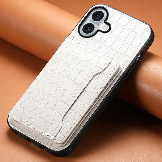 For iPhone 16 Crocodile Texture Card Bag Design Full Coverage Phone Case(White) by buy2fix