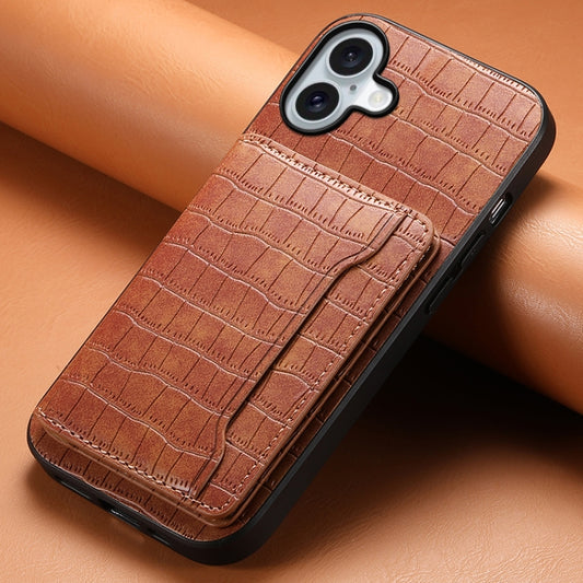 For iPhone 16 Plus Crocodile Texture Card Bag Design Full Coverage Phone Case(Brown) by buy2fix