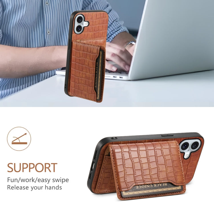 For iPhone 16 Plus Crocodile Texture Card Bag Design Full Coverage Phone Case(Brown) by buy2fix