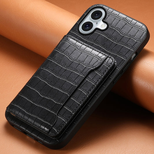 For iPhone 16 Plus Crocodile Texture Card Bag Design Full Coverage Phone Case(Black) by buy2fix