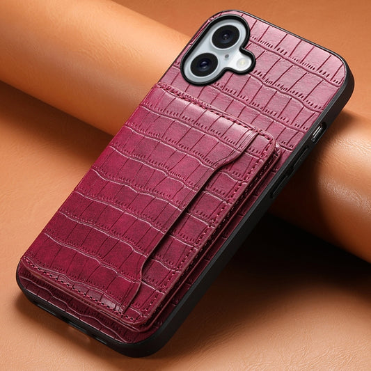 For iPhone 16 Plus Crocodile Texture Card Bag Design Full Coverage Phone Case(Red) by buy2fix