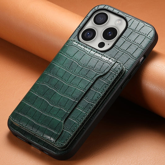 For iPhone 16 Pro Crocodile Texture Card Bag Design Full Coverage Phone Case(Green) by buy2fix