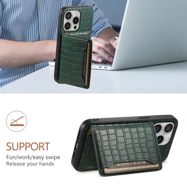 For iPhone 16 Pro Crocodile Texture Card Bag Design Full Coverage Phone Case(Green) by buy2fix