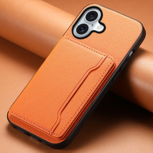 For iPhone 16 Calf Texture Card Bag Design Full Coverage Phone Case(Orange) by buy2fix
